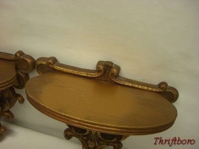 Pair of 2 Vintage Shabby Hollywood Regency Sconce Shelves Chic Wood 