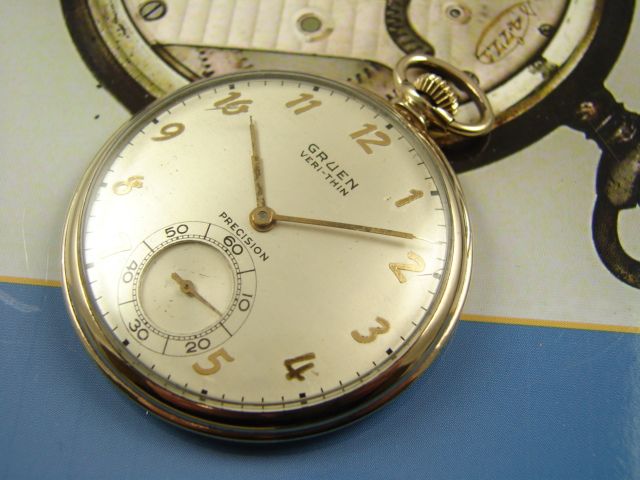 GRUEN VERI THIN PRECISION GOLD FL DRESS POCKET WATCH VINTAGE 1940s 