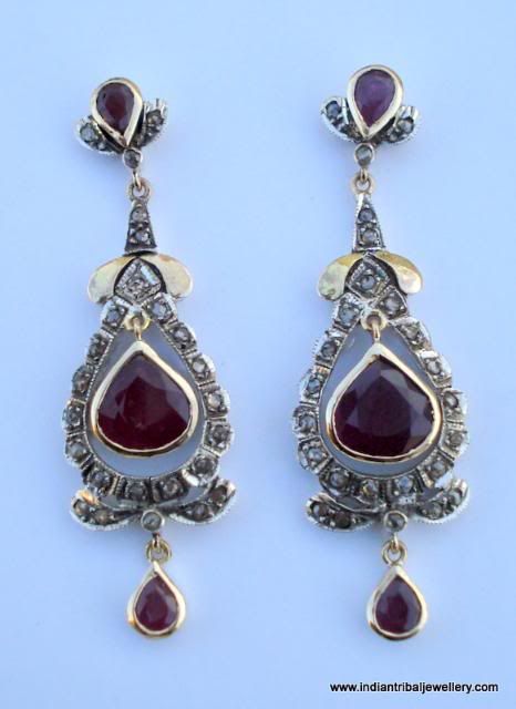 victorian diamond ruby 14k gold silver earrings indian  