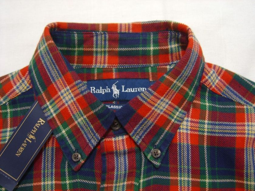   Lauren PONY M Button Flannel Shirt Mens Red Green Navy Tartan Madra