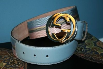 GUCCI Womens PINK BLUE Stripe GG LOGO LEATHER BELT 34 85 New  