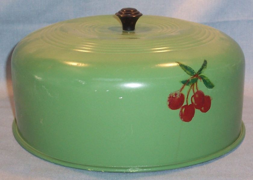 VINAGE ALUMINUM CAKE COVER~PAINTED GREEN~CHERRY DECALS  