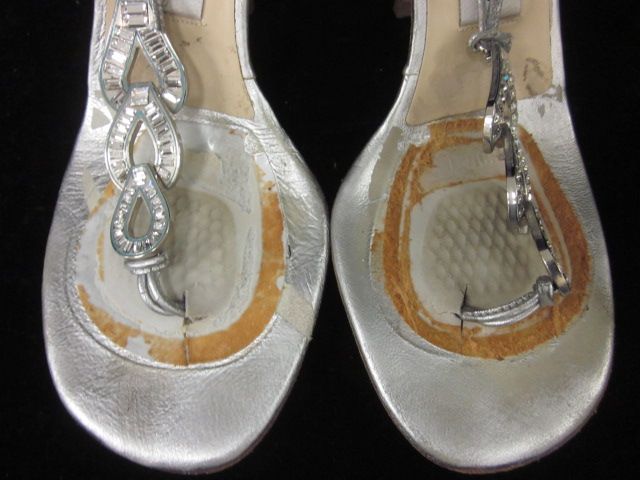 JIMMY CHOO Metallic Rhinestone Lace Up Sandals Sz 37 7  