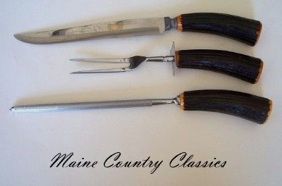 Vintage BAKELITE HANDLE CARVING CUTLERY SET Faux Antler Horn Robinson 