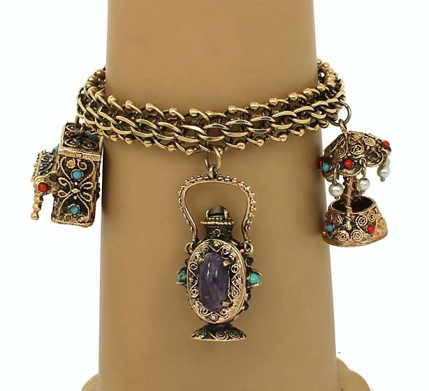 AMAZING VINTAGE 14K GOLD GEM CHARM BRACELET W/ 5 CHARMS  