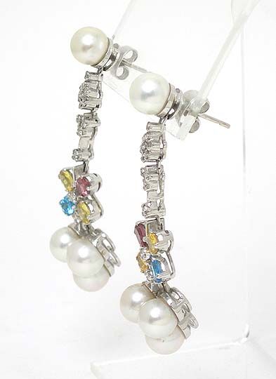 LONG 18k WG DIAMONDS & COLOR SAPPHIRES PEARLS EARRINGS  