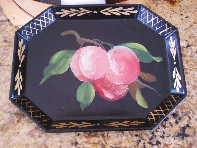Hand Painted Peaches Vintage Country Cottage Kitchen Black Toleware 