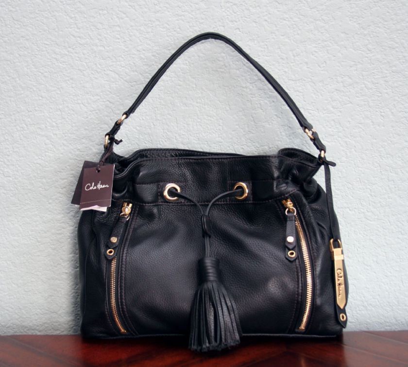 COLE HAAN $298 Pebbled Leather Bailey Drawstring Zipper Hobo Bag 