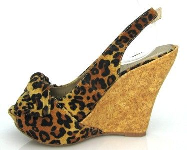 QUPID CEDUCE 268 CAMEL LEOPARD SLINGBACK PLATFORM WEDGE  