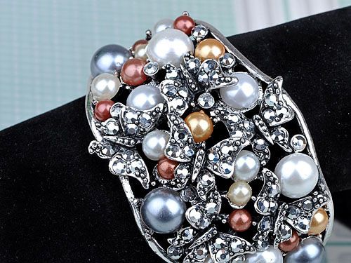 Metallic Silver Crystal Rhinestone Faux Pearl Butterfly Bracelet 