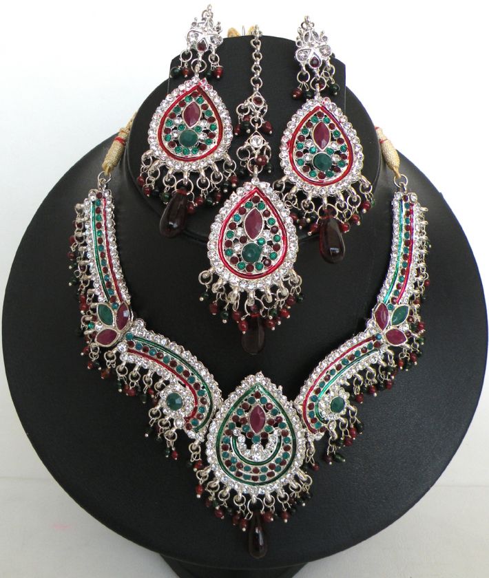   INDIAN SILVER FINISH WEDDING SARI KUNDAN MEENA NECKLACE SET Kj2  