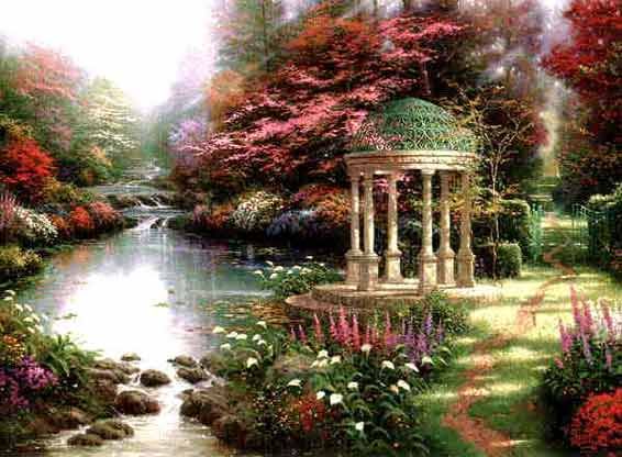 THOMAS KINKADE GARDEN OF PRAYER OIL CANVAS S/N LARGE 30 by 40  