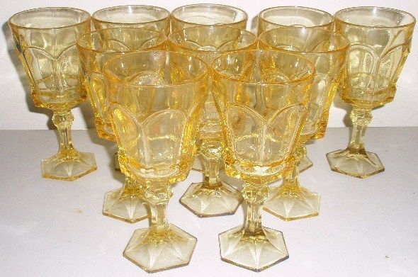 10 Fostoria VIRGINIA Yellow Pressed Glass Goblets 7 1/4  