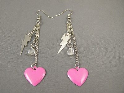 Silver Lightning Bolt heart multi chain dangle earrings  