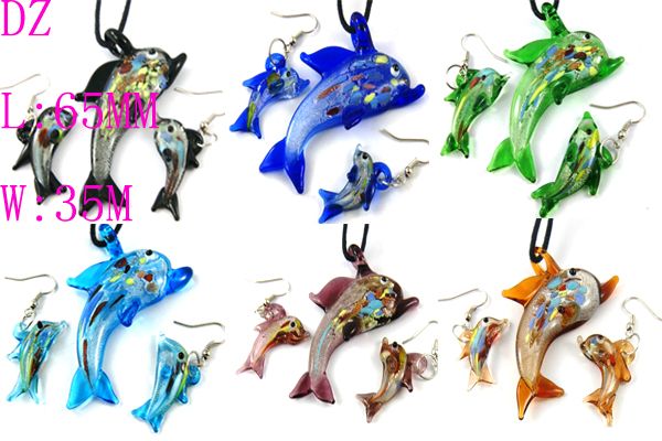 g422 Vivid Dolphin Murano Lampwork Glass Pendant Necklace Earrings Set 