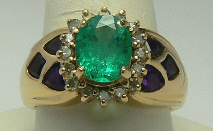 Unique Colombian Emerald Diamond & Amethyst Ring  