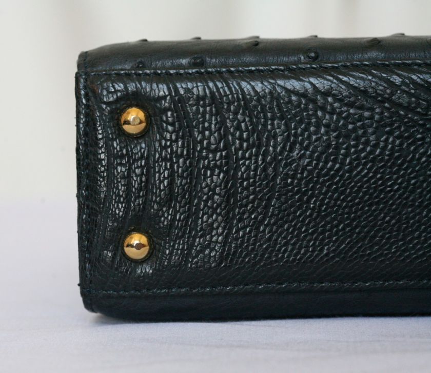 OSTRICH LEATHER Black Top Handle+Strap Flap Bag Handbag Purse Tote 