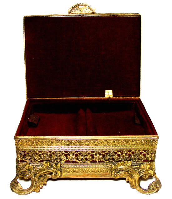 ANTIQUE MUSIC BOX, HUGE BRONZE ORMOLU CASKET, MOTHER OF PEARL TOP 