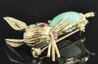   14K Yellow Gold Natural Jadeite Ruby Rabbit Bunny 3D Pin Brooch  