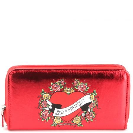 Ed Hardy Floral Laurel Zip Around Wallet   Red  