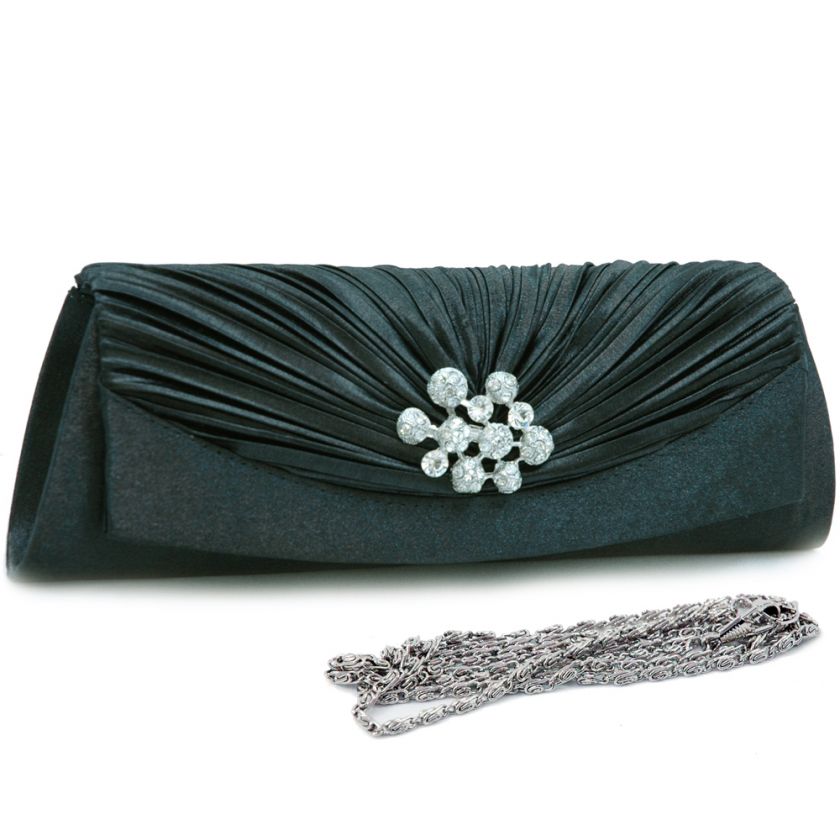 Pleated flap over front clutch evening purse bag black  