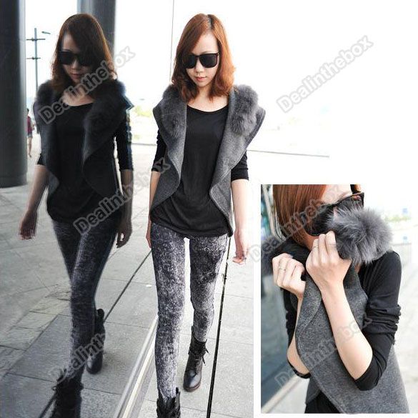 Fashion Autumn Korean Womens Vest Imitation Rabbit Fur Collar Jacket 