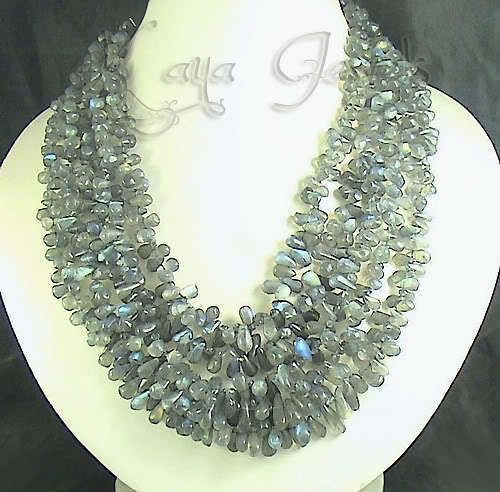 600Cts NATURAL LABRADORITE BRIOLETTE 5 STRAND BEADS NECKLACE  