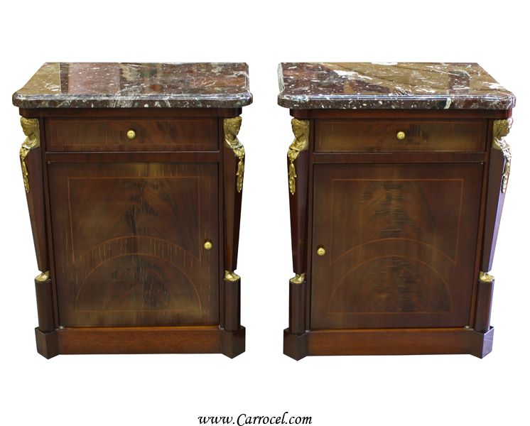 Pair of Mahogany Empire Marble Top Sofa End Tables  