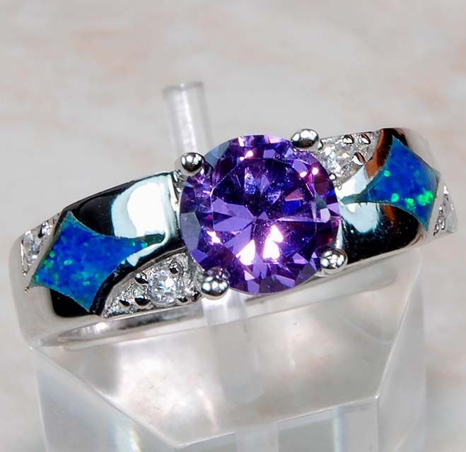 Amethyst & Australian Opal 925 Solid Sterling Silver Ring Sz 7 