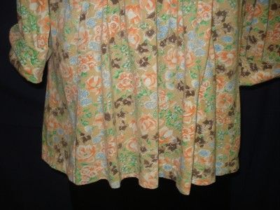 VTG Peach Floral Peasant Blouse Shirt Top Flowers Med 3Z50 ¾ Sleeve 
