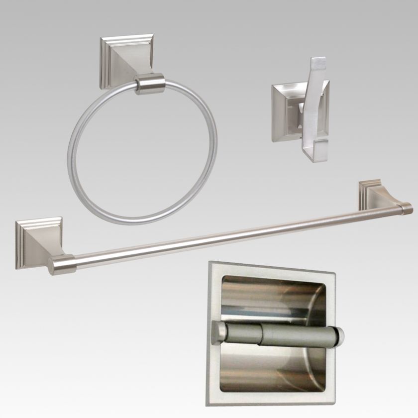 Satin / Brushed Nickel 24 Towel Bar Accessory 4 PC Set W/ Recessed T 