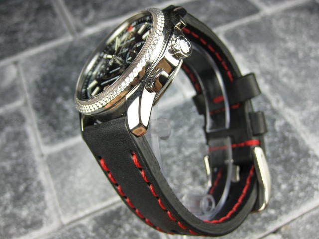 24mm NEW COW LEATHER STRAP BAND Fit BREITLING Black Red  