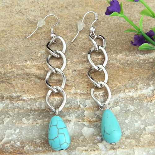 silver plated oval turquoise bead dangle earring chain  