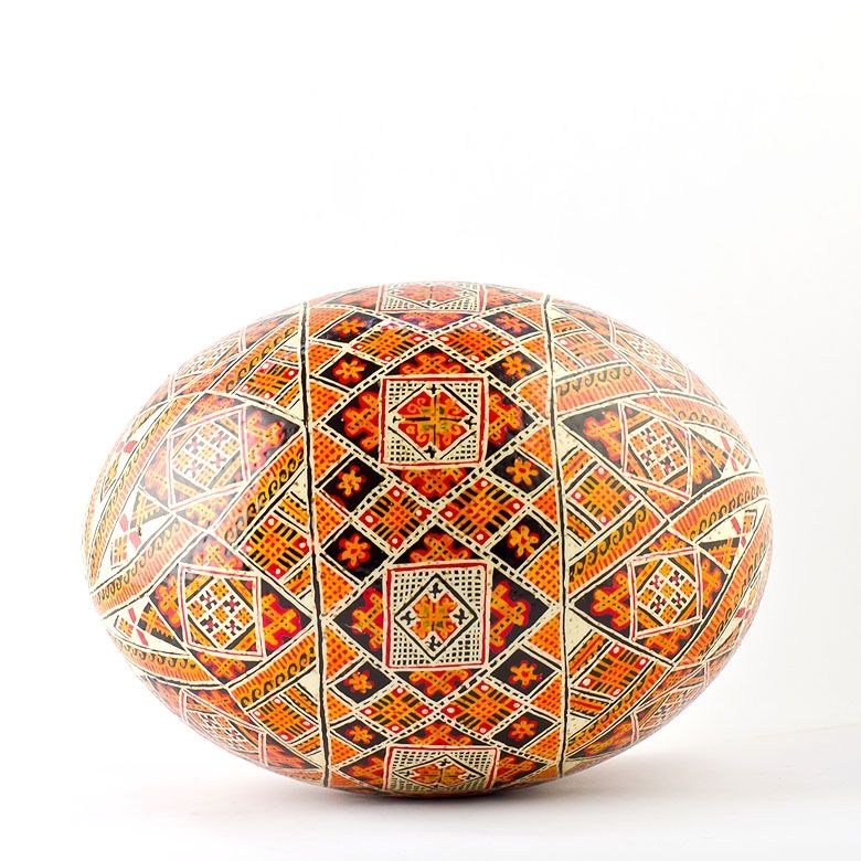 real ostrich hand painted easter egg geometric figures in orange