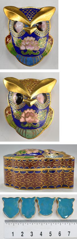   Cloisonne Owl Shaped Trinket Boxes Floral Enameled Design  