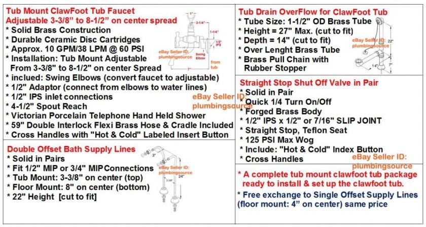 Adj.Tub Mount ClawFoot Faucet,Supply Lines,Drain,Valves  