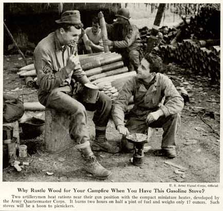 1945 IMAGE OF TWO ARTILLERMEN WITH NEW GAS CAMP STOVE  