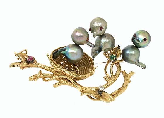 UNIQUE VINTAGE 18K GOLD GEMS & SOUTH SEA PEARLS BIRD BROOCH  