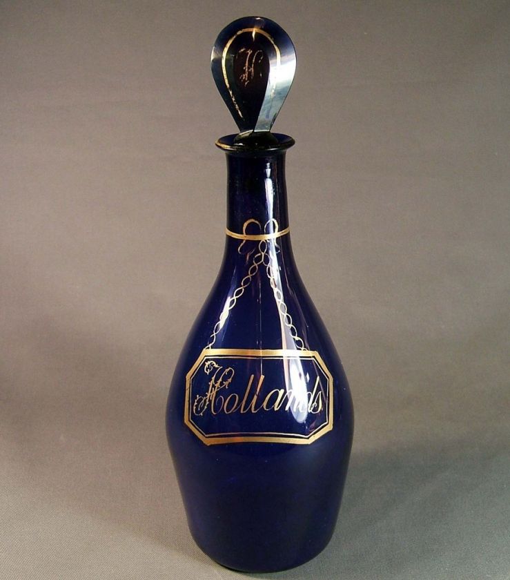   RARE, E 19th.C GILT DECORATED BRISTOL BLUE GLASS DECANTER   HOLLANDS