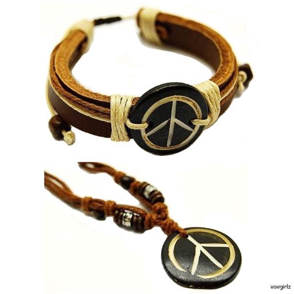 Leather Peace Necklace Bracelet Set 1 Leather Peace Necklace Bracelet 