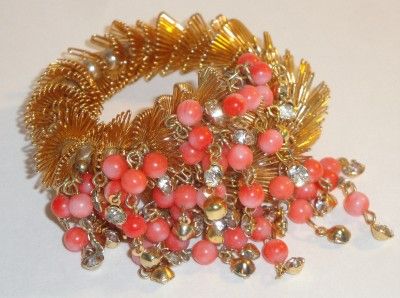 VINTAGE MIRIAM HASKELL GENUINE CORAL CLUSTER DANGLE BRACELET  