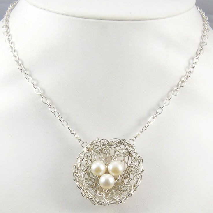 BIRDS NEST W/ FRESHWATER PEARL EGGS PENDANT .925 STERLING SILVER 