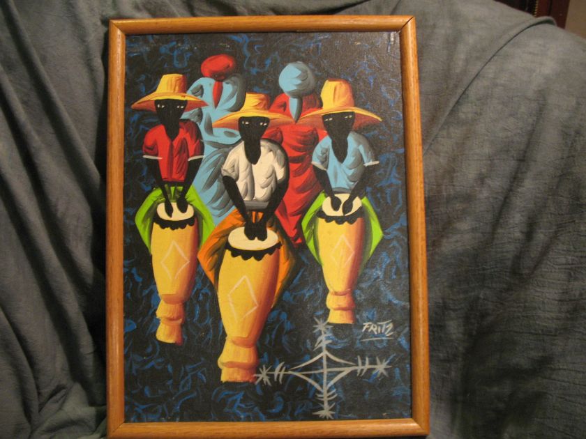 Signed HAITIAN PAINTING colorful bold DRUMMERS AND DANCERS black EYES 