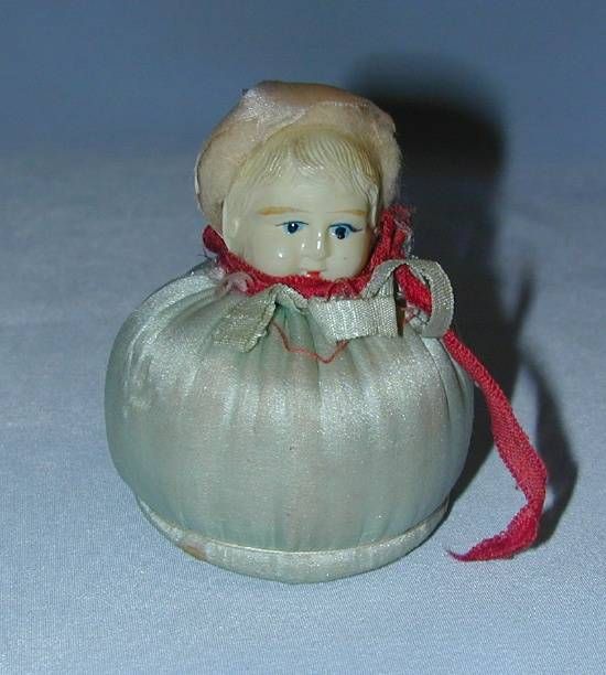 Antique Pincushion Celluloid Babys Head Stuffed Dress